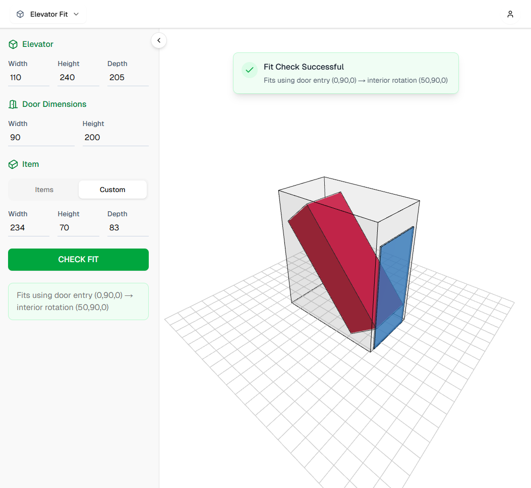 Elevator Fit - 3D visualization of item fitting